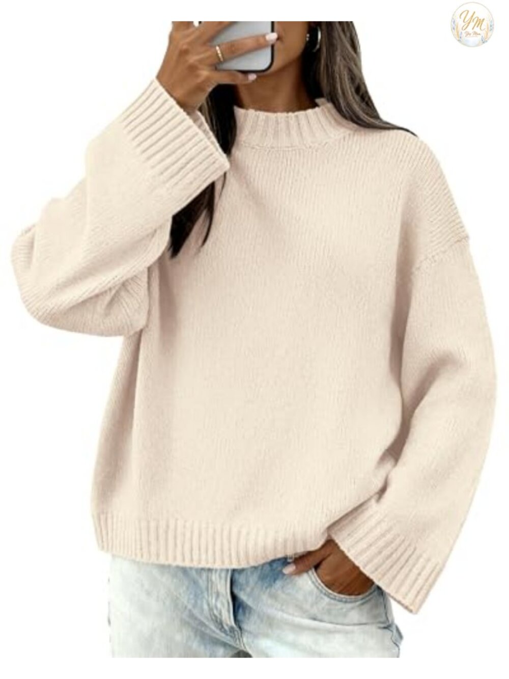 Women's Crewneck Pullover Sweater Loose Fit Drop Shoulder Ribbed Cuffs Fall